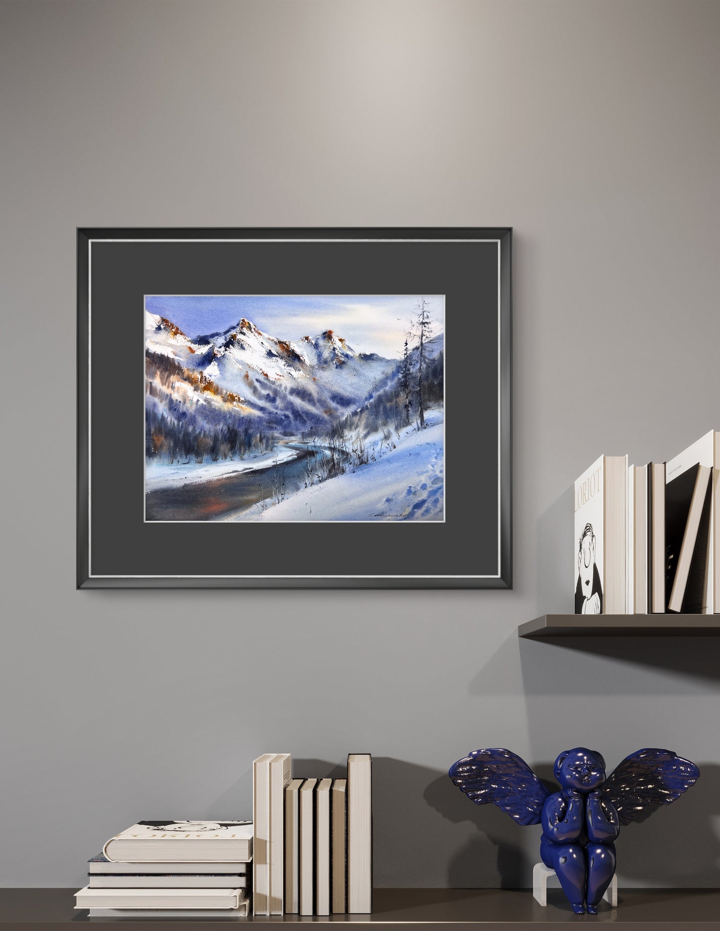Original Mountain Landscape Watercolor, Snowy Alpine Peak Art, Blue Valley 12x16