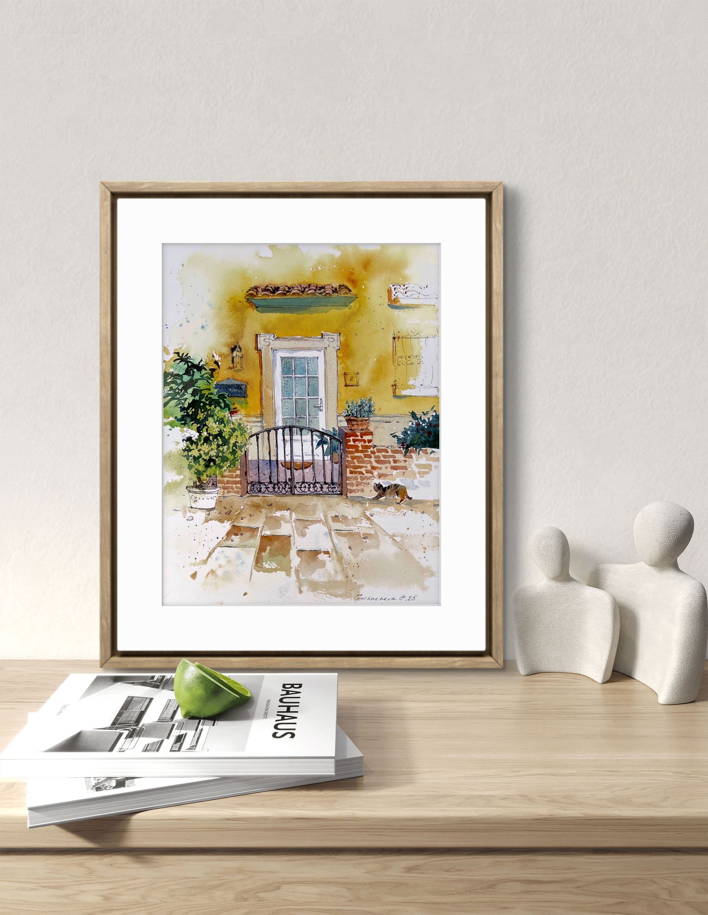 Original Small Watercolor Painting - Spanish Courtyard with Cat - House Gate Art