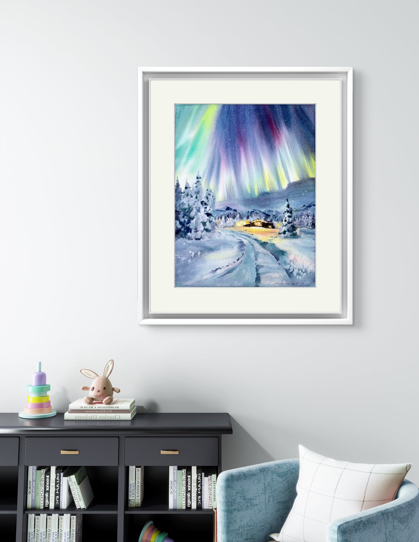 Christmas story #4 - Watercolor Painting, Snowy Nordic Landscape, Stunning Aurora Wall Art, Holiday Gift Idea