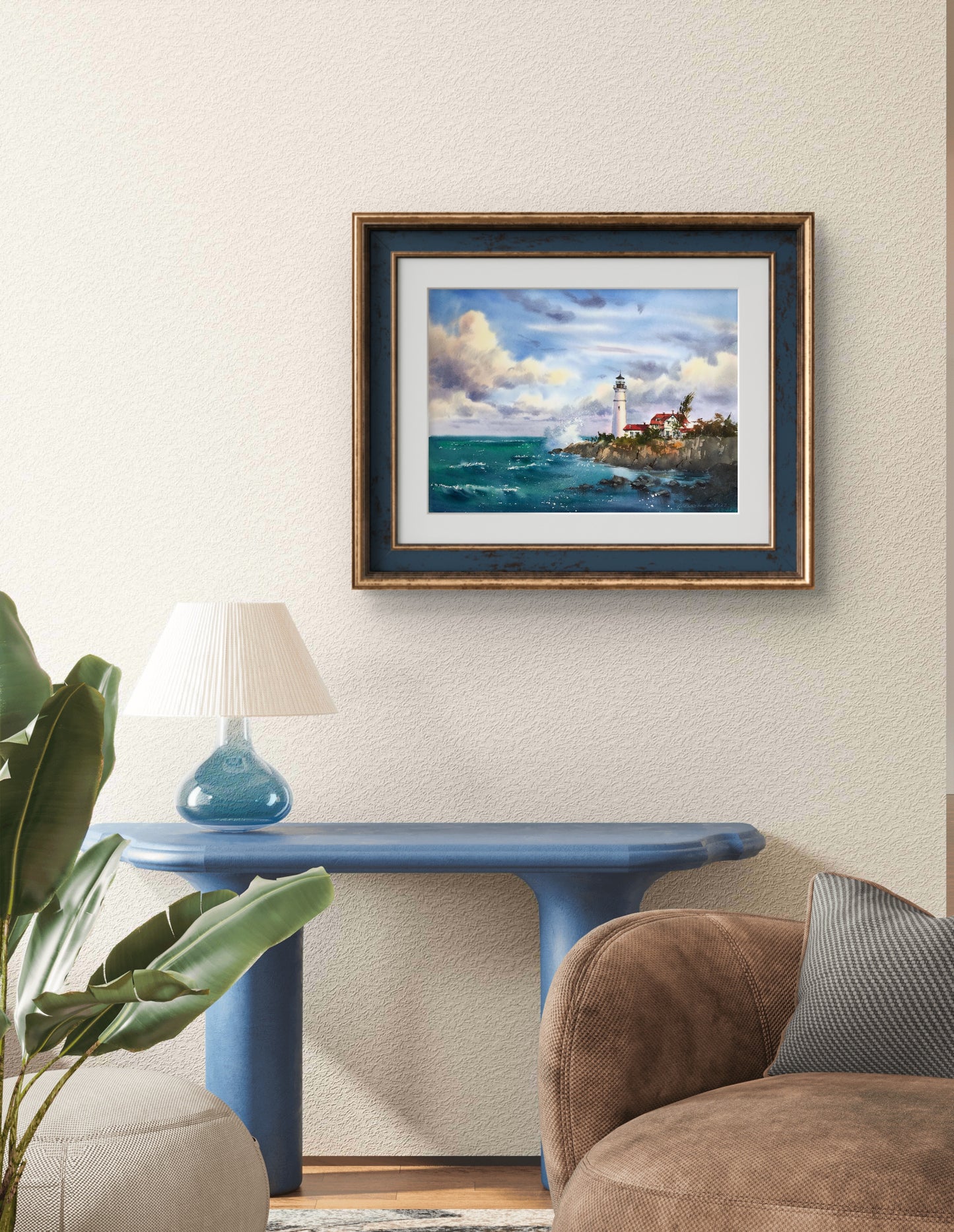 Watercolor Original Painting - Before the storm, Lighthouse #2 - 18x14 in