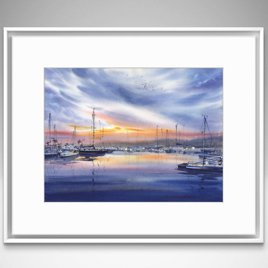 Original Valencia Marina Watercolor Painting | Spain Sunset Seascape Art |Evening harbor in Valencia 12x16 in