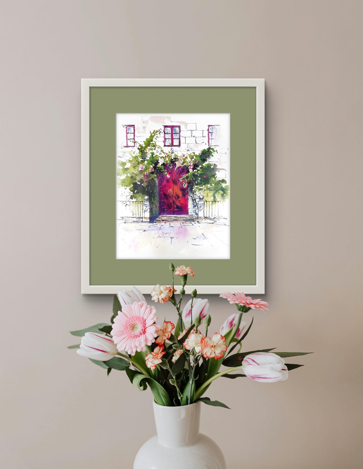 Watercolor Spanish Door Painting, The Red Door of Spain 9x12in