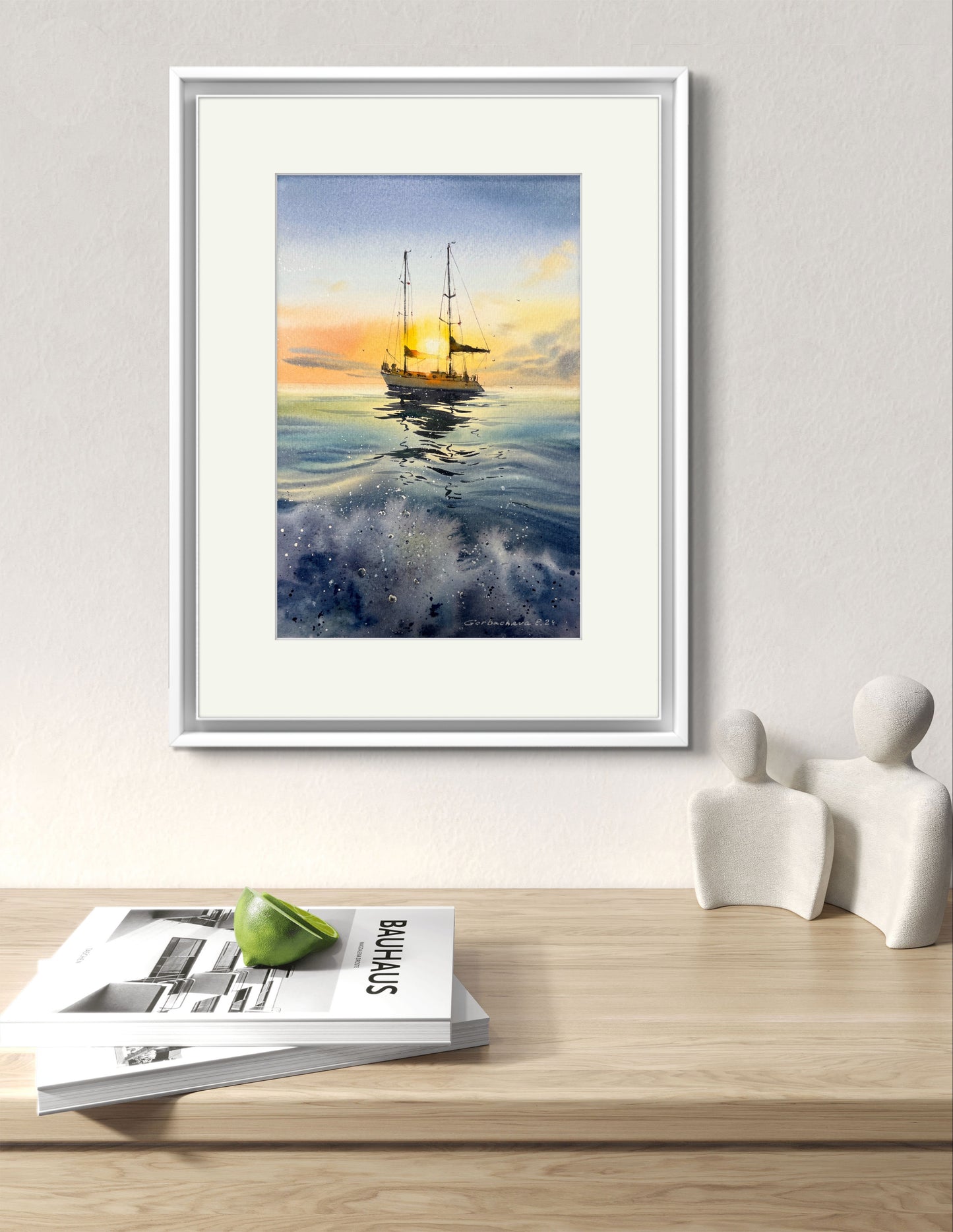 Sailboat Sunset Watercolor Painting - Yacht in the Sea at Sunset #11 - 8x12 Inch Artwork