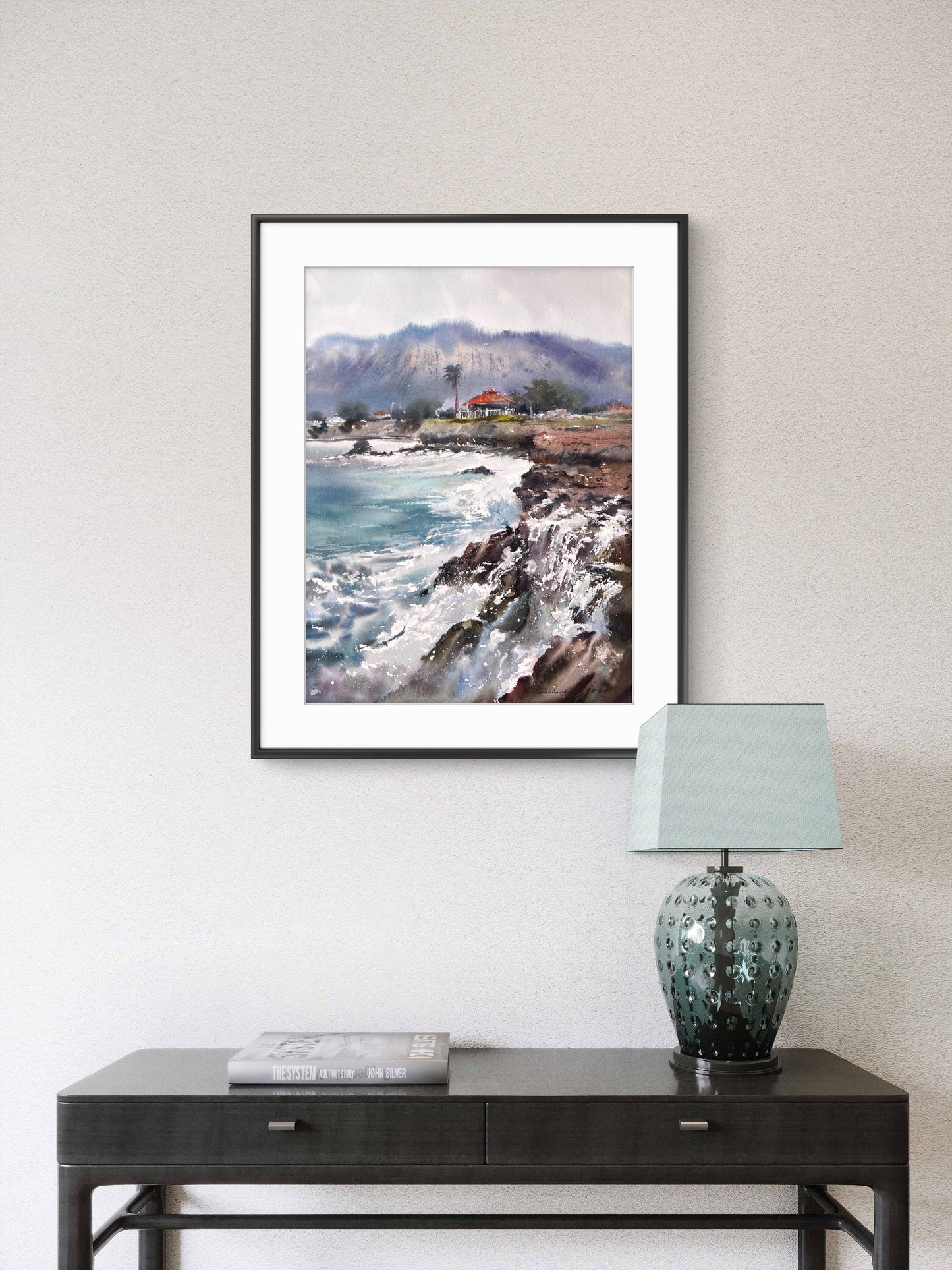 Cyprus Watercolor Painting, Coastal Seascape Art, House on the coast of Cyprus #2 12x16