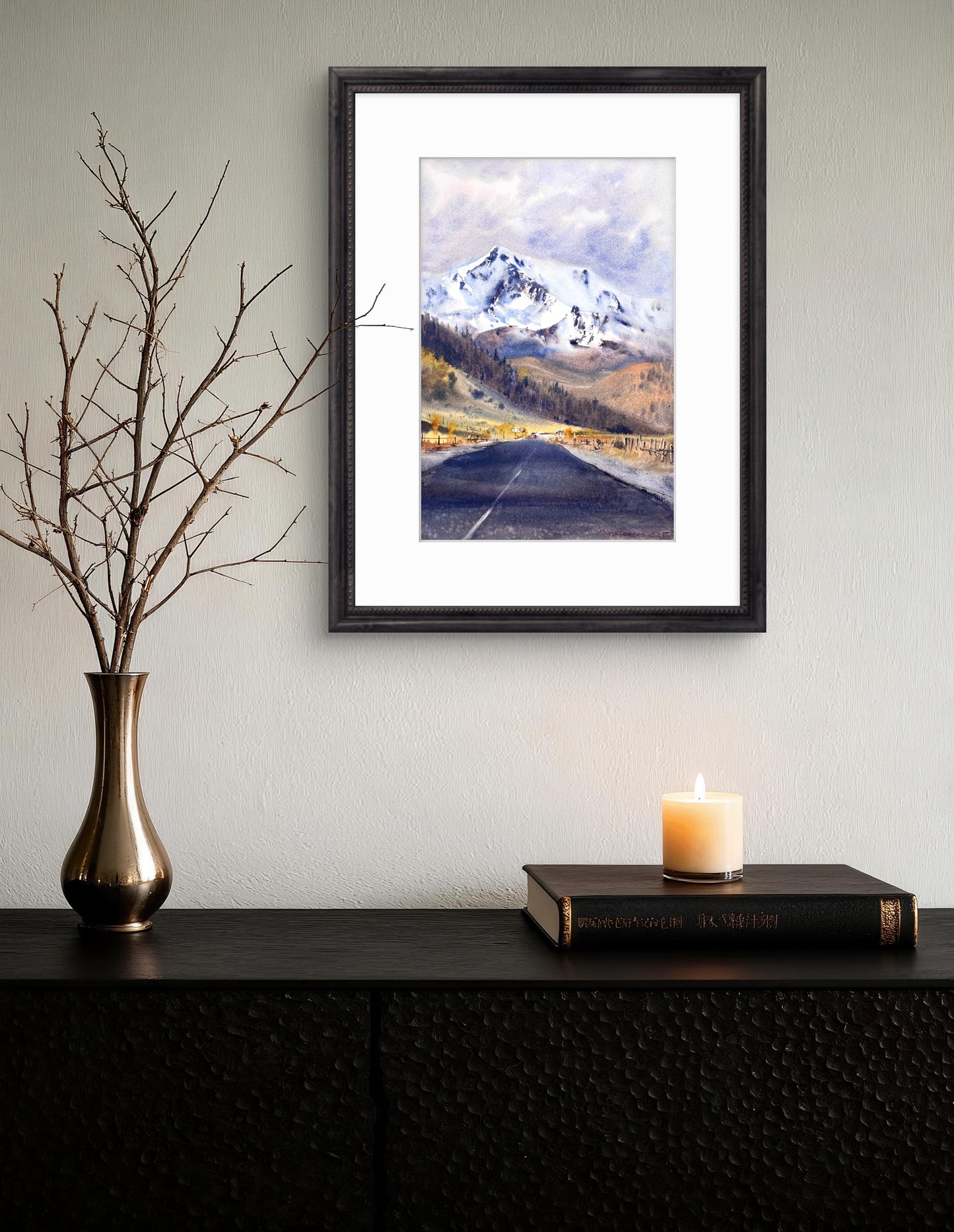 Snowy Mountain Road Watercolor Painting, Winter Landscape Painting, Road to the Clouds   10x16 (Copy)