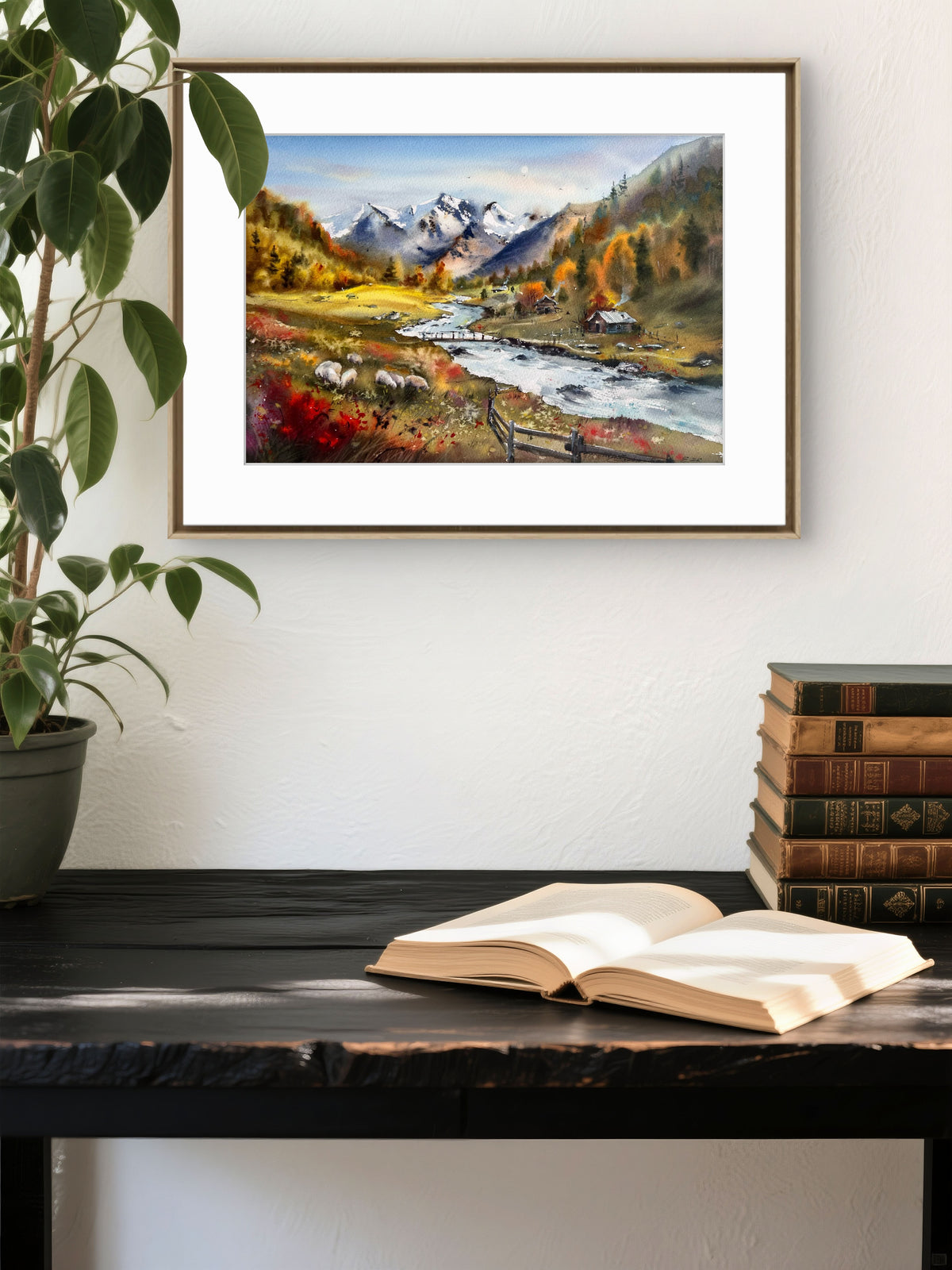 Mountain Landscape Watercolor, Alpine Village Painting, Autumn Valley Song 12x16