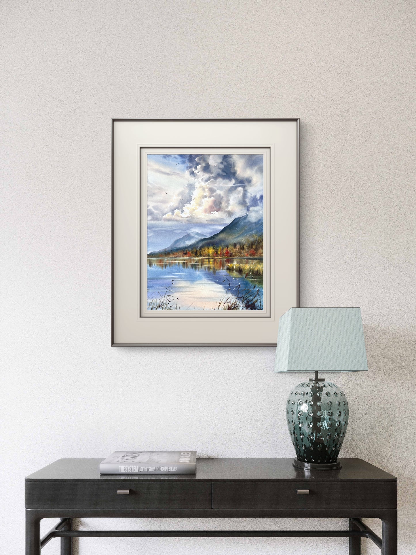 Mountain Lake Watercolor, Autumn Landscape Painting, Autumn Light on the Lake 12x16 in