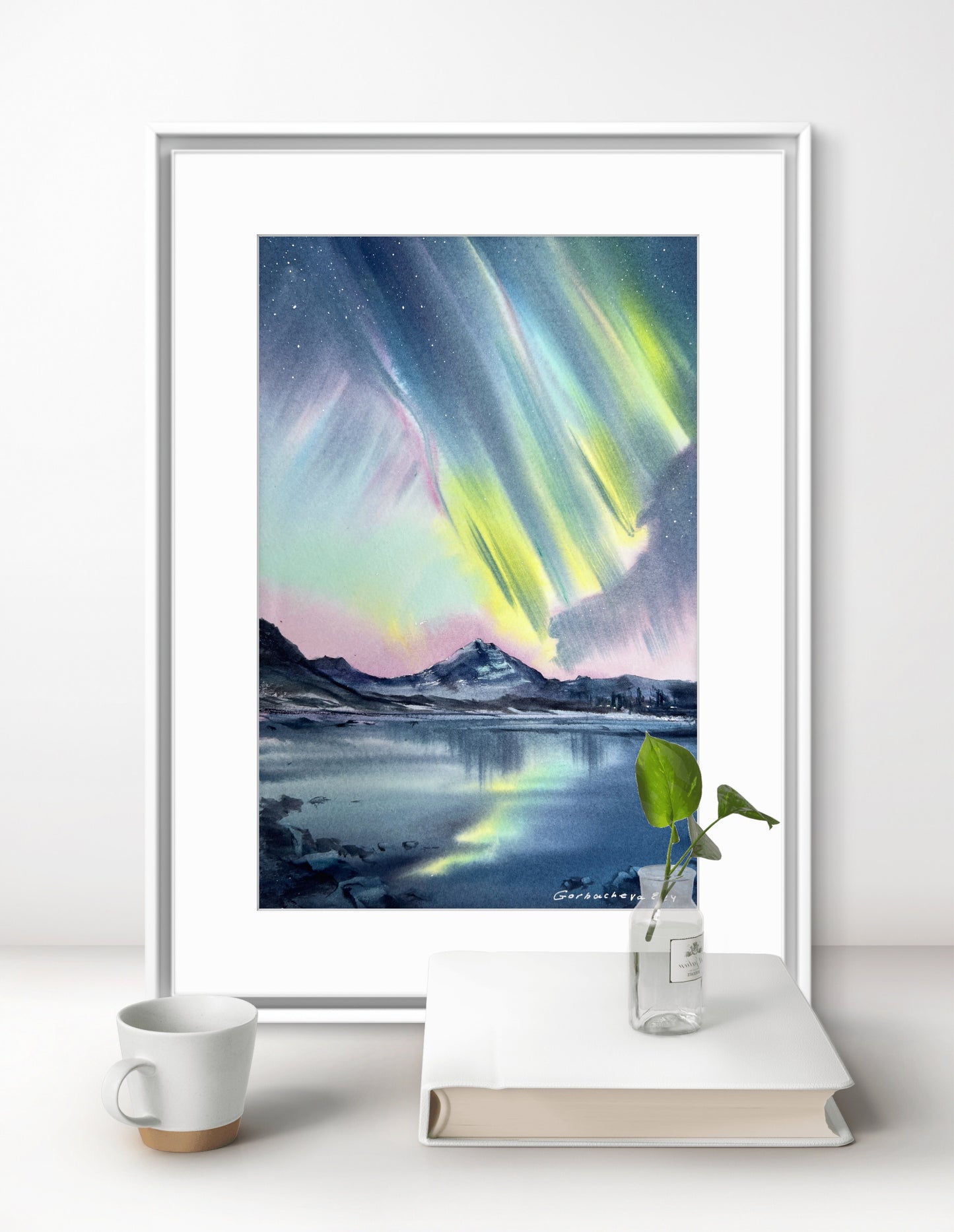 Snowy Landscape Painting Watercolor Original - Northern lights #54