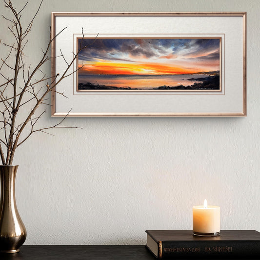 Cyprus Coast Watercolor Painting, Sunset Song of Cyprus  5.5 x15