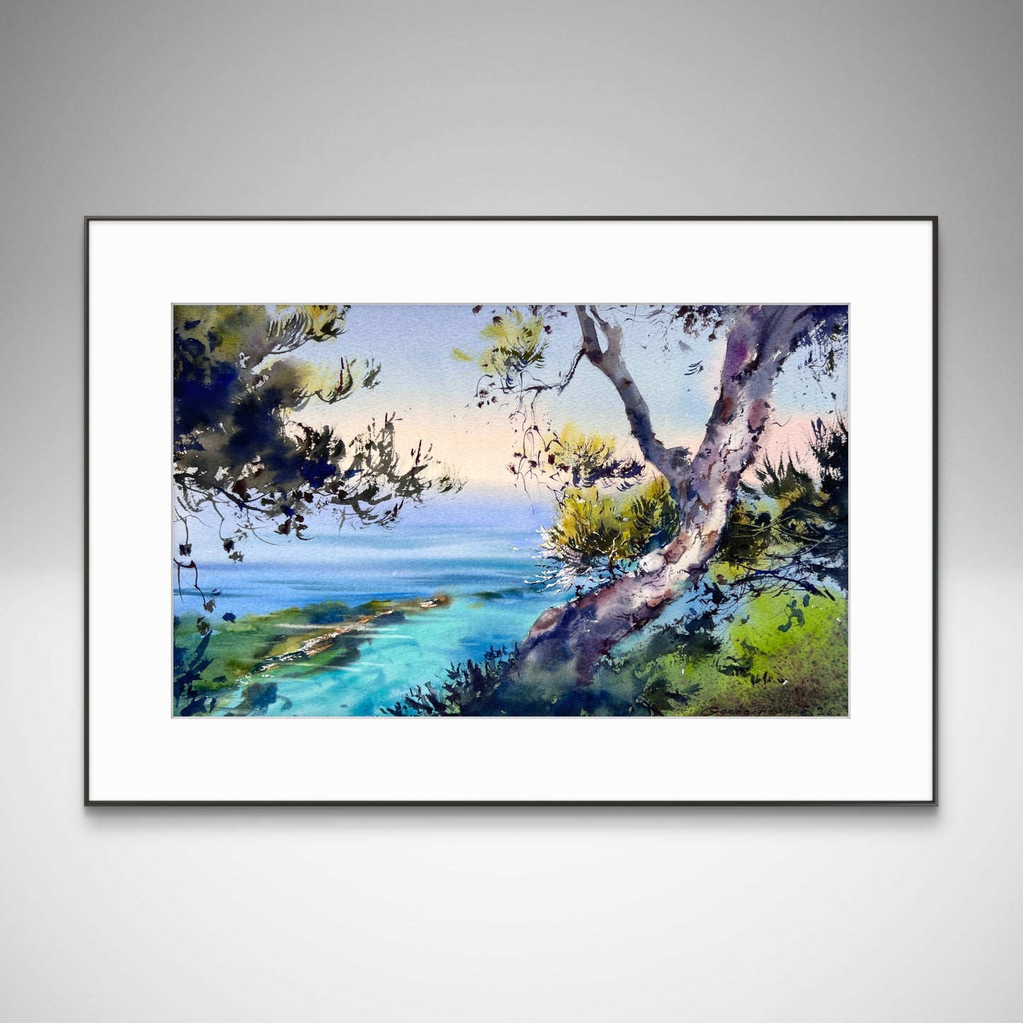 Original Italy Watercolor Painting, Italian Coastal Landscape, The azure serenity of Italy 9x15