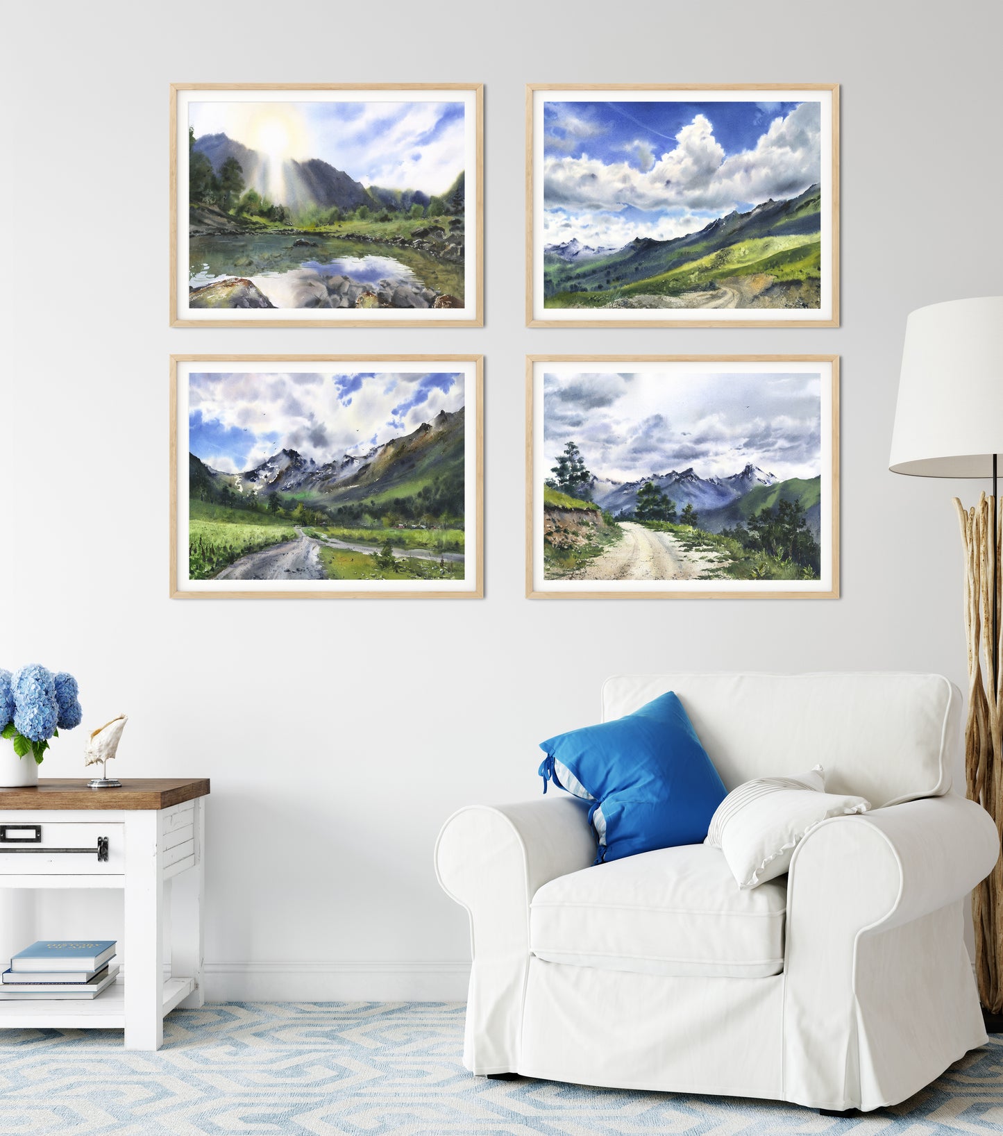 Set of 4 Watercolor Landscape Prints, Nature Gallery Wall Set, Green Mountain Art, Peaceful Scenery Paintings