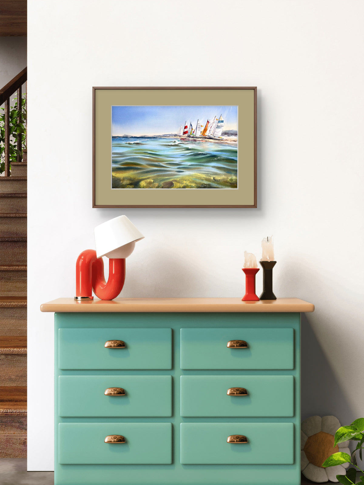 Yate y amanecer rosa n.° 3 - Acuarela - Decoración náutica para pared