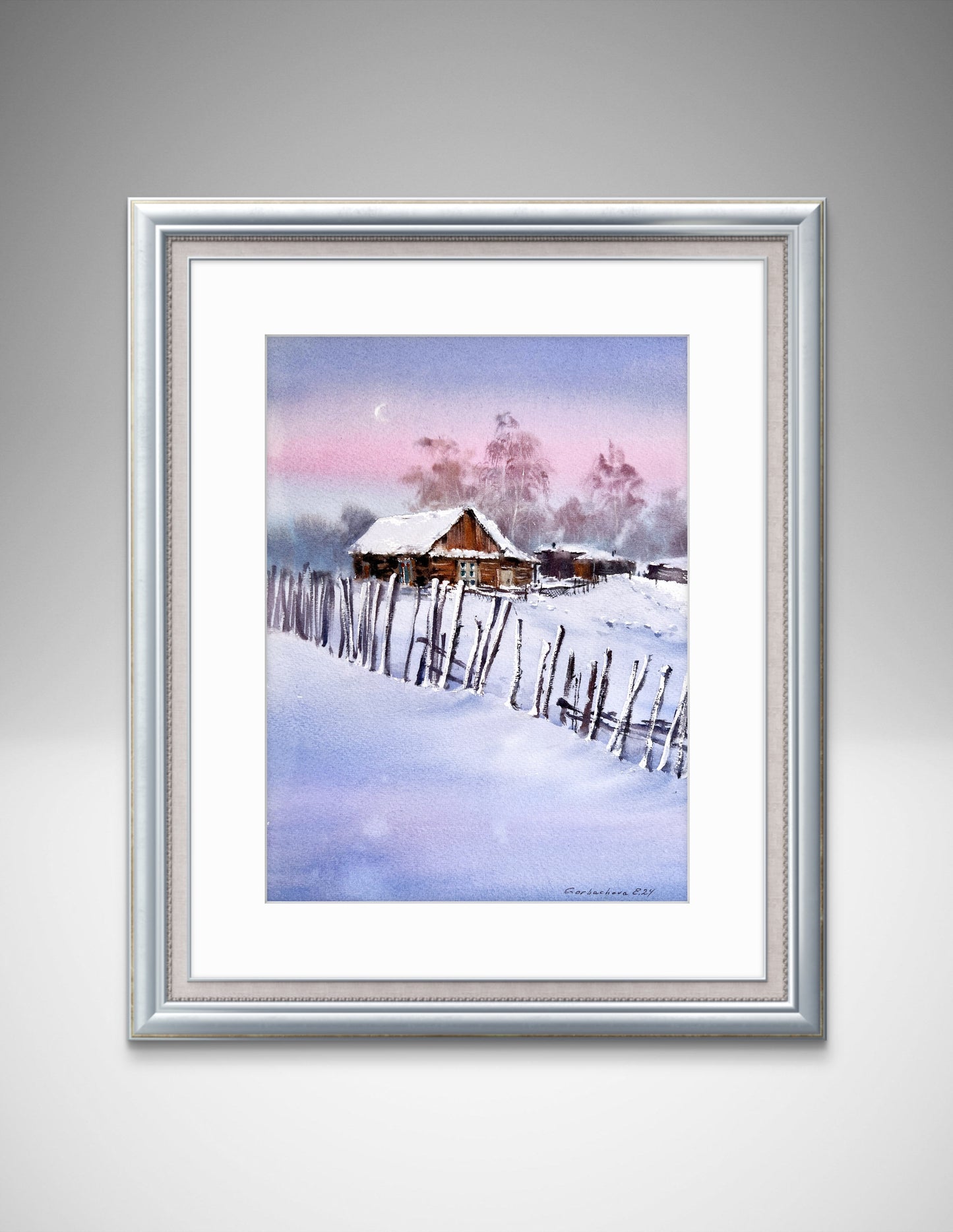 Snowy Morning Painting Original - Farmhouse Wall Art, Winter morning Village #3 9x12 in
