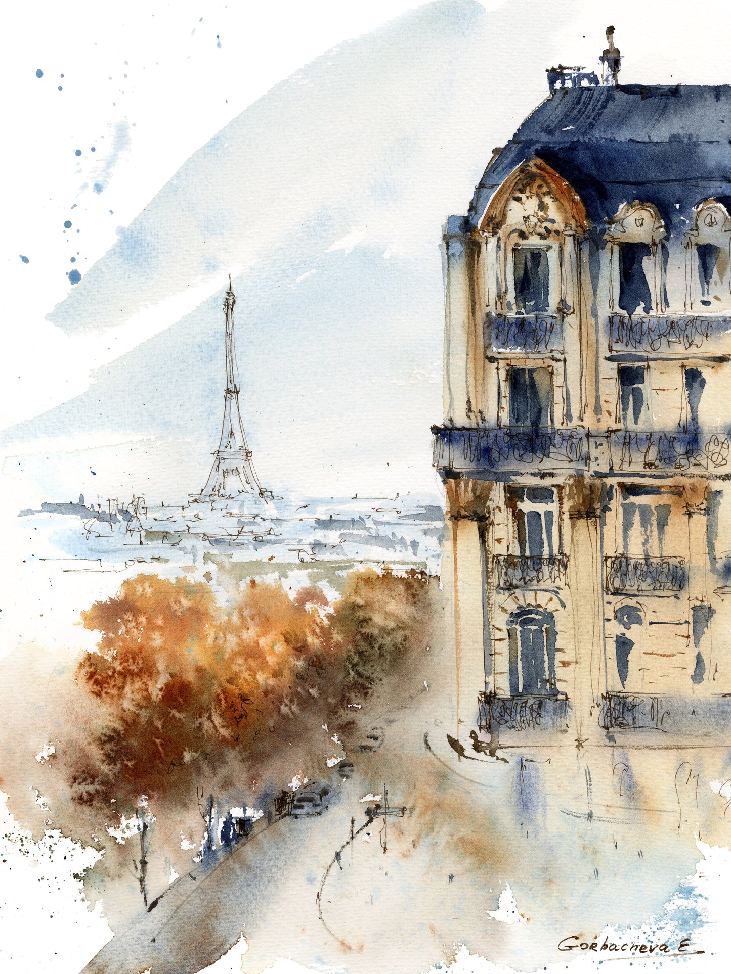 Eiffel Tower Art, Watercolor Paris Street View in Fall, Artistic Home Decoration, Unique Wedding Gift