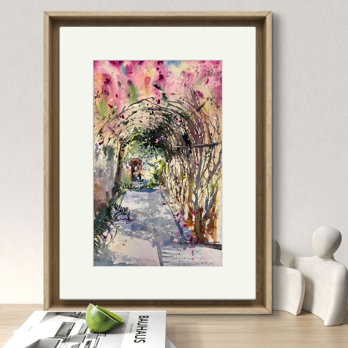 Original Watercolor Garden Arch Painting, Bougainvillea Tunnel #2, 7 x12 in