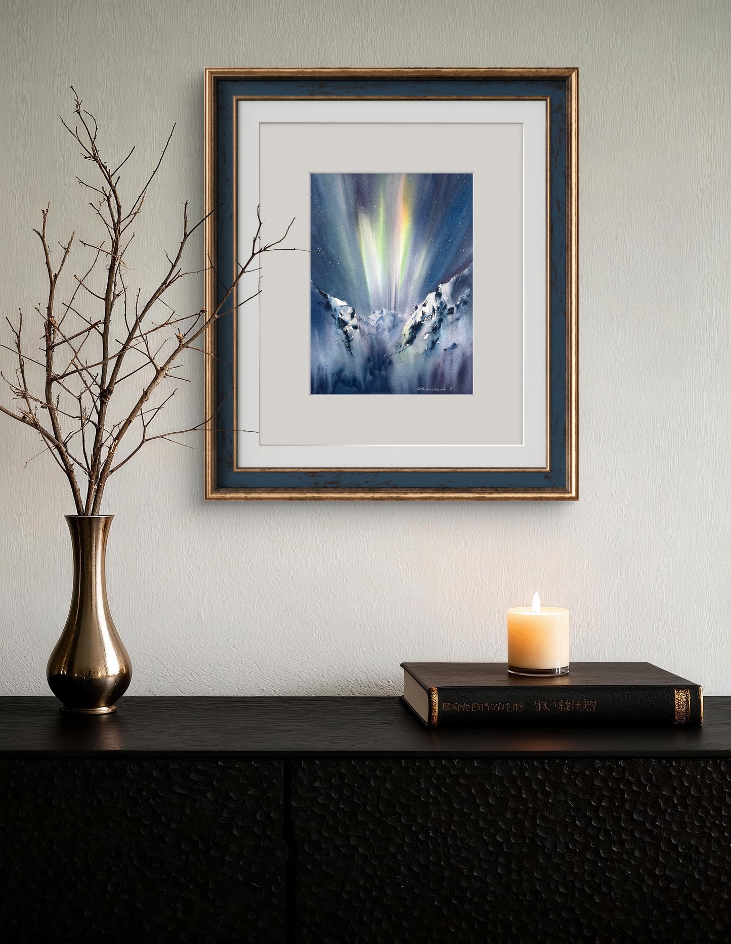 Northern Lights Mountain Watercolor, Eruption of Light 9x12
