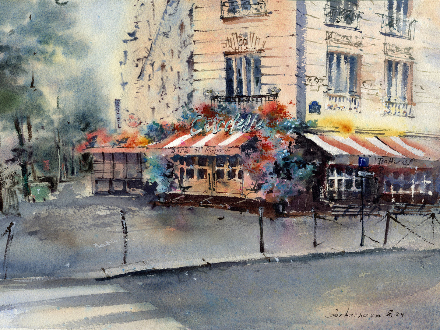 Charming Parisian Cafe Print - Street Scene Watercolor Art