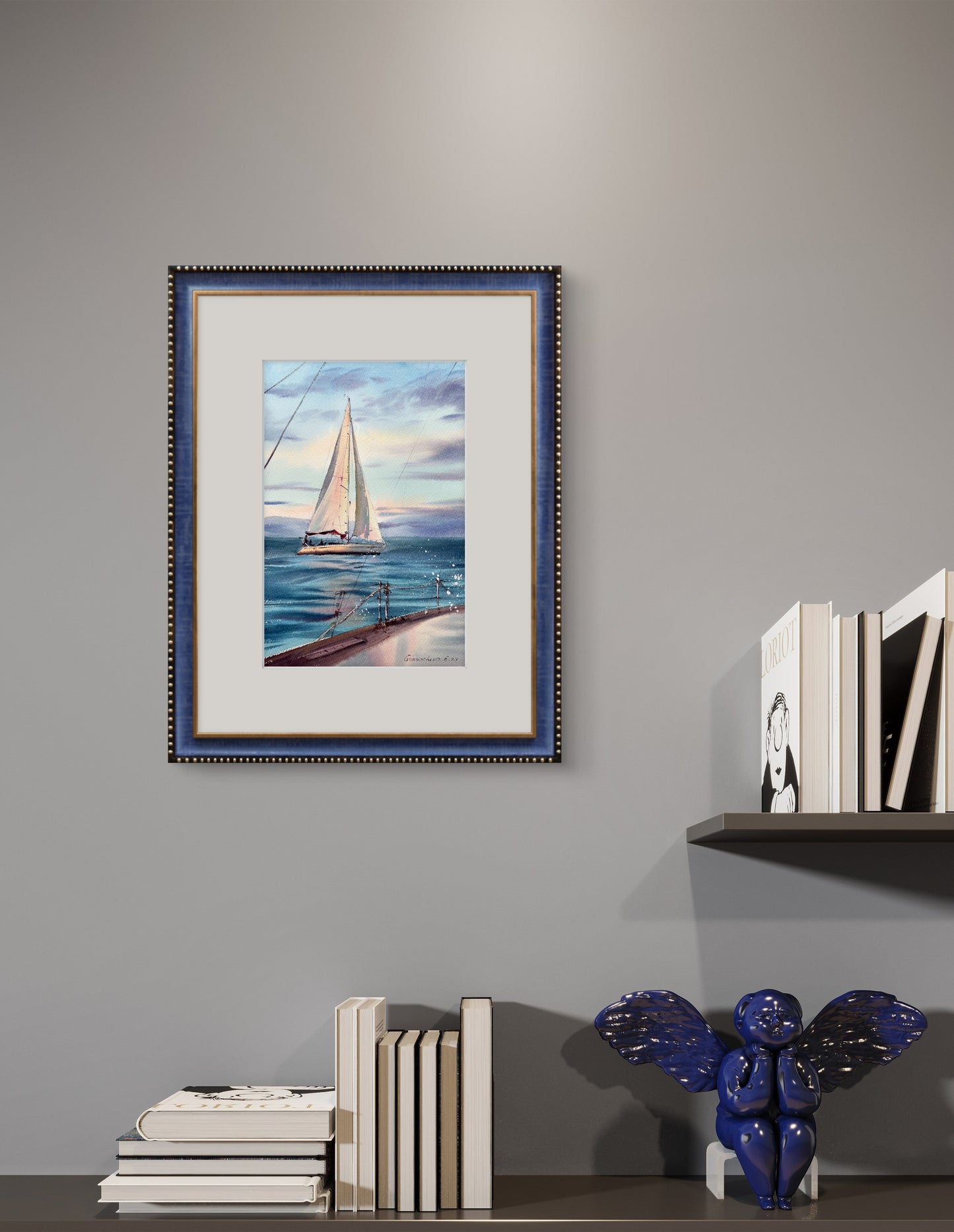 Sea Sailboat Small Painting, Watercolor Original - Yachts at Sea #19