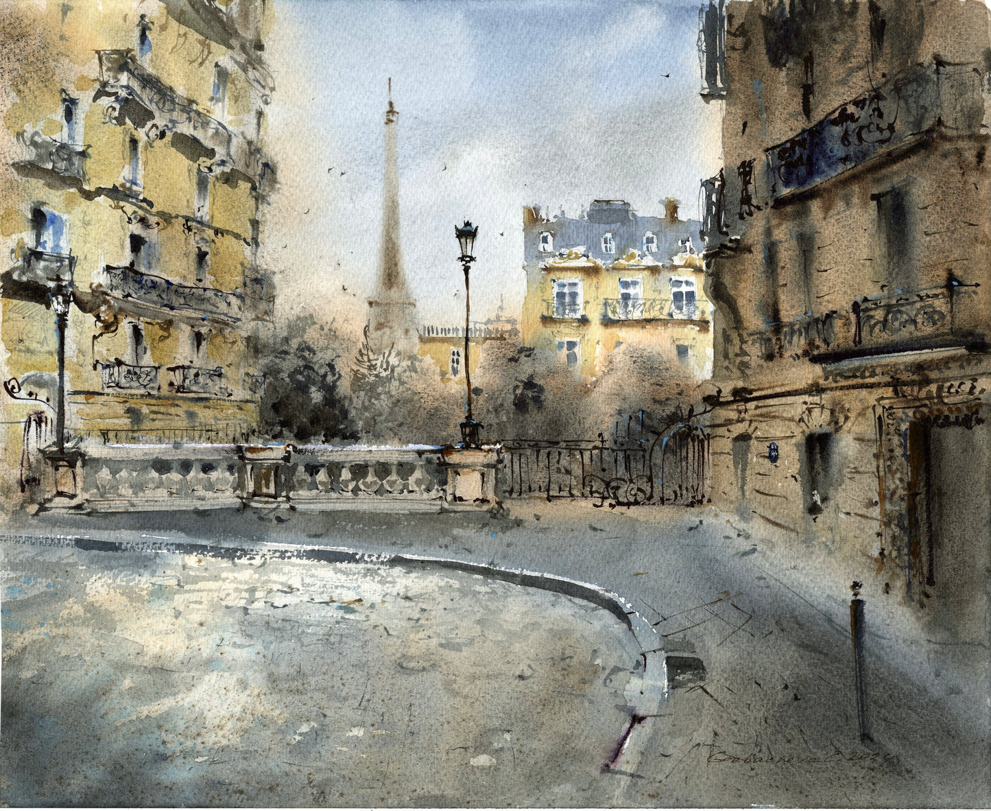 Eiffel Tower Watercolor Art Print - Av. de Camoens Paris View
