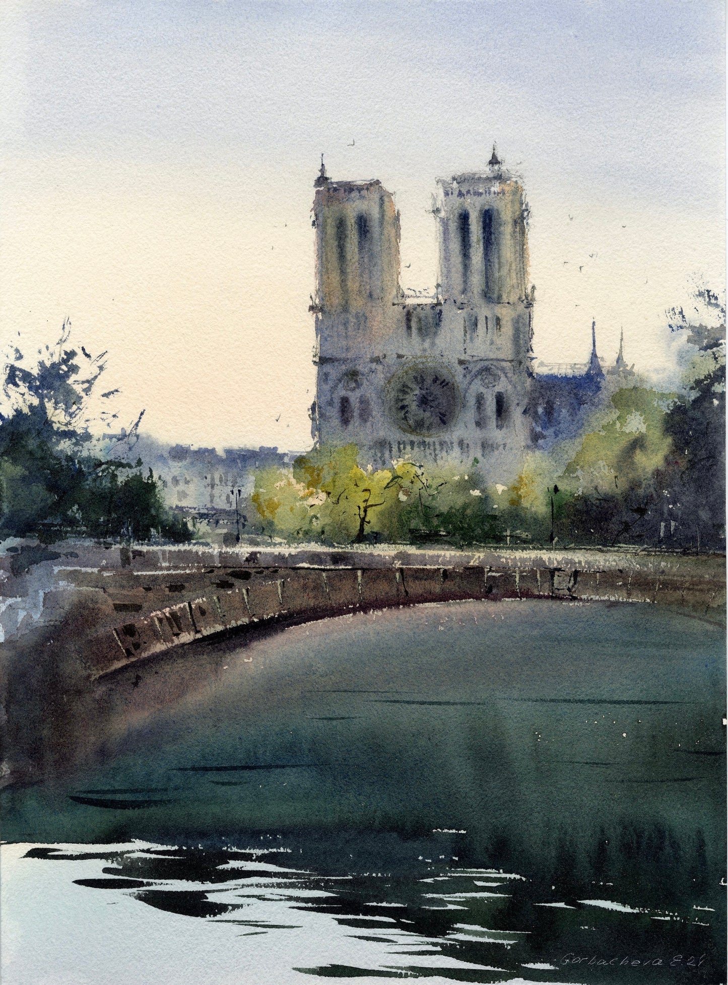 Giclee Print: Notre Dame de Paris Watercolor Painting by the Seine River