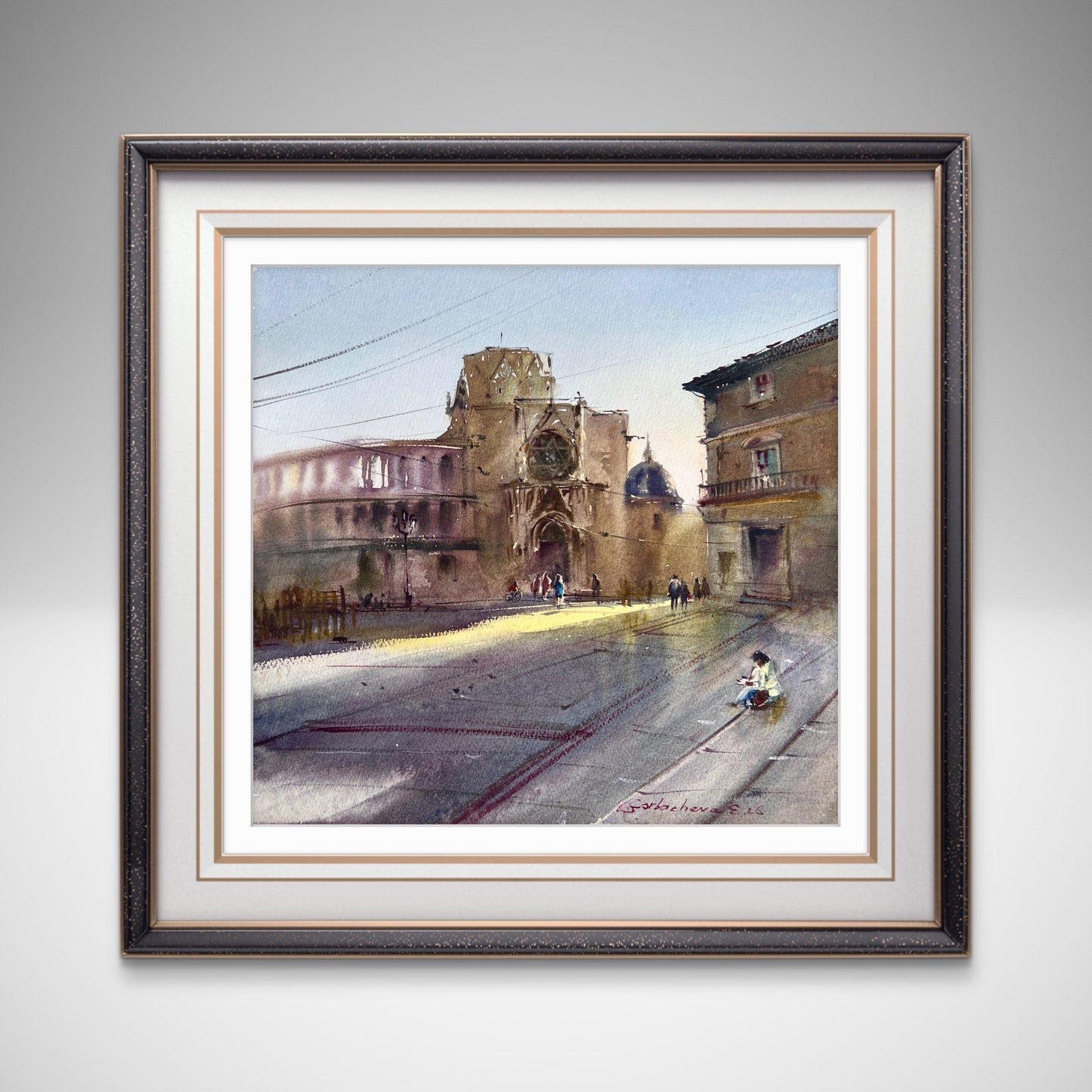 Valencia Watercolor Painting, Spain Cityscape Art, Valencia Morning Glow 14x15