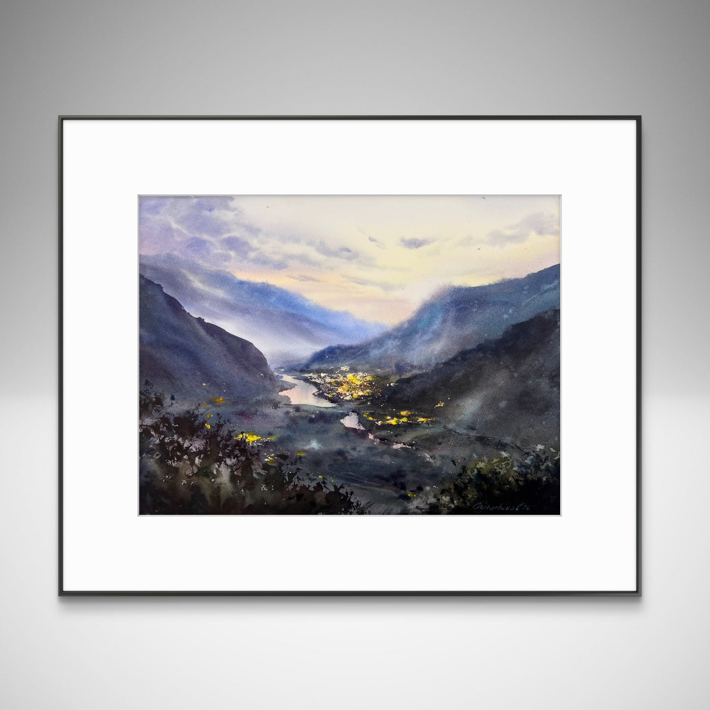 Mountain Valley Village Watercolor Painting, Mountain Valley Lights 12x16