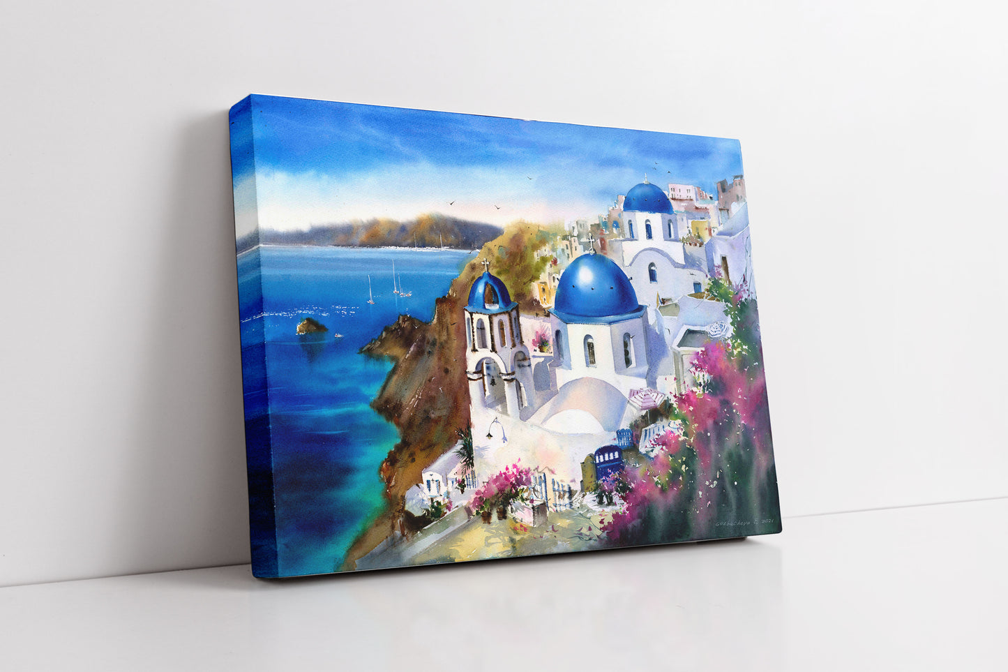 Santorini Island Art Print, Greece Painting, Sea Bedroom Wall Decor, Watercolor Coastal Artwork, Large Canvas Print, Travel Home Decoration