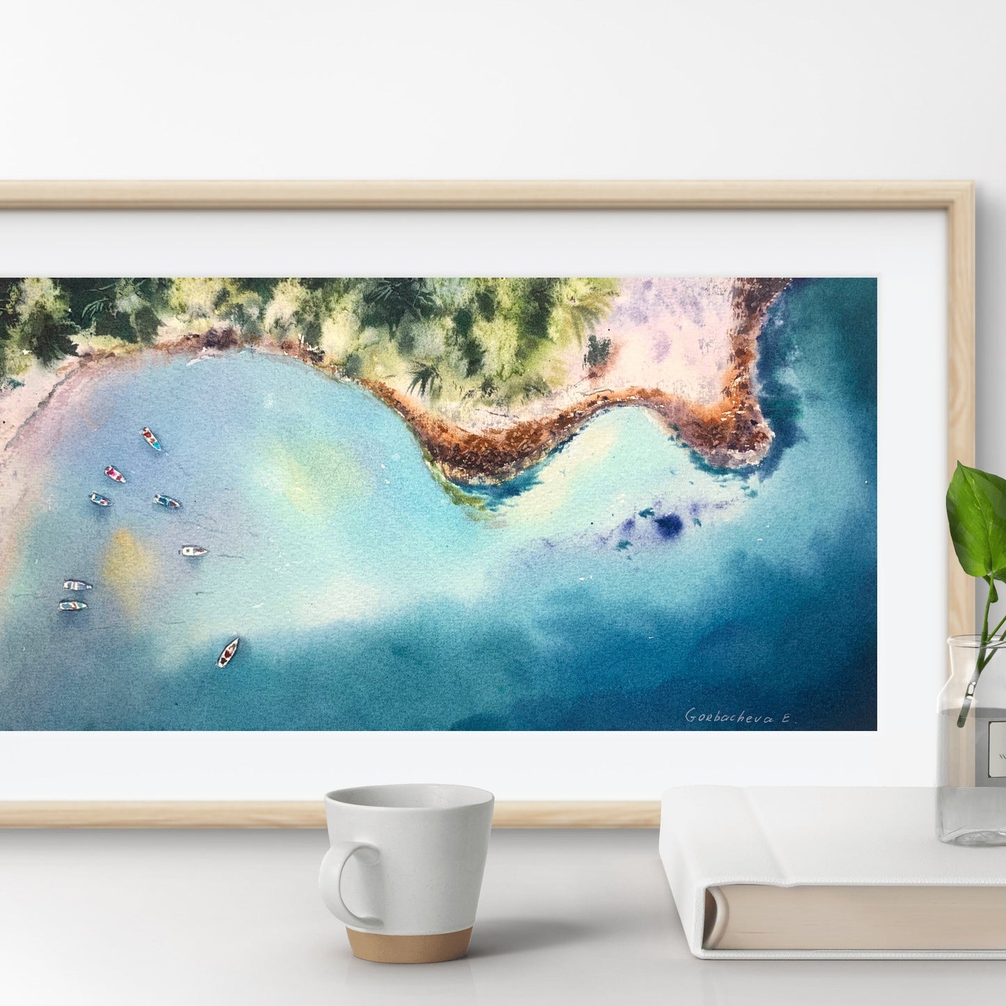 Aerial Sea Coast Watercolor Painting, Seaside from a height of flight #5 6x12