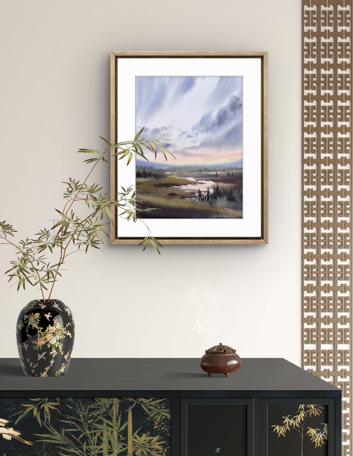 Original Marsh Sunset Watercolor Painting, Misty Dawn 9 x 12 in