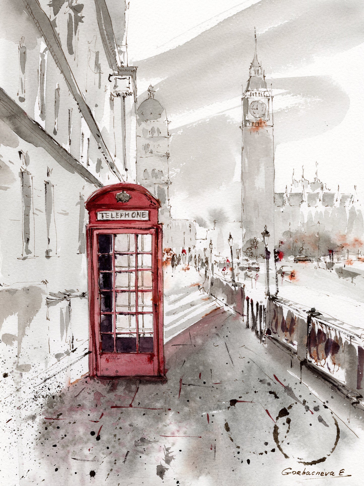 Cityscape Art Print Inspired by London's Sights: Big Ben and Red Telephone Box