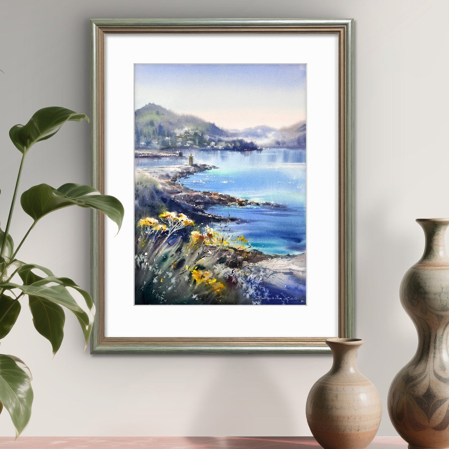 Liguria Italy Watercolor, Italian Riviera Seascape, Liguria in Soft Light  12x16 in