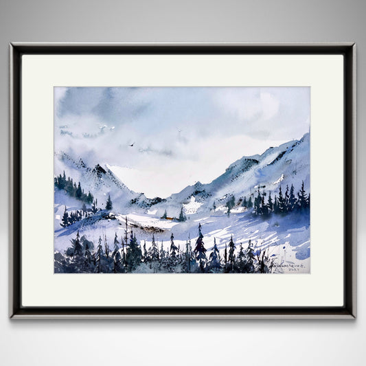 Mountainscape #28 - Abstract Watercolor Snowy Peaks and Forest