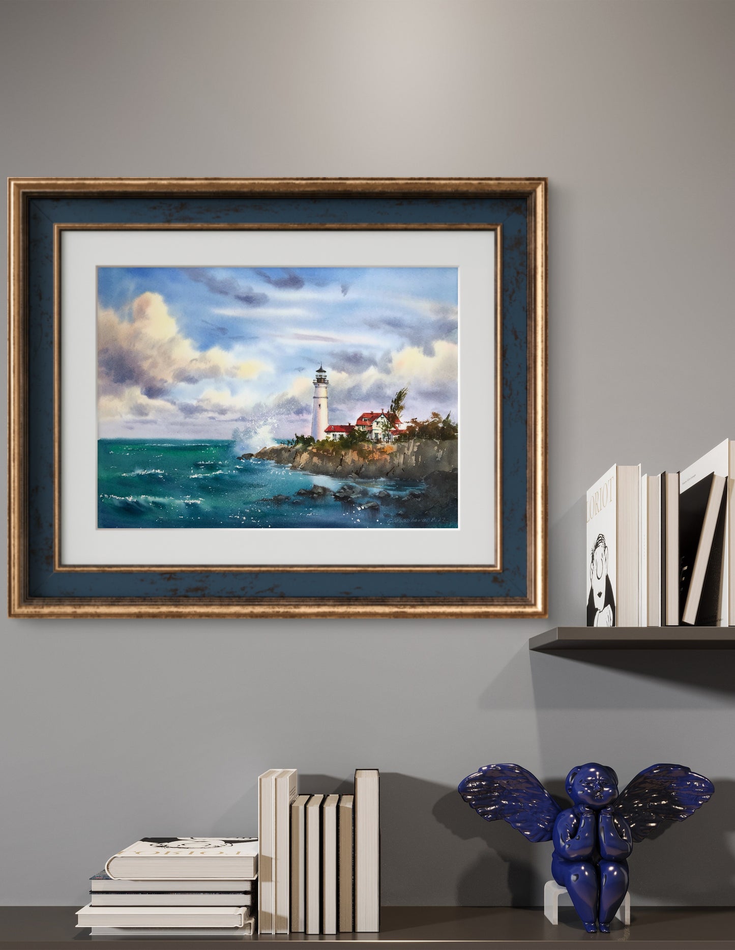 Watercolor Original Painting - Before the storm, Lighthouse #2 - 18x14 in