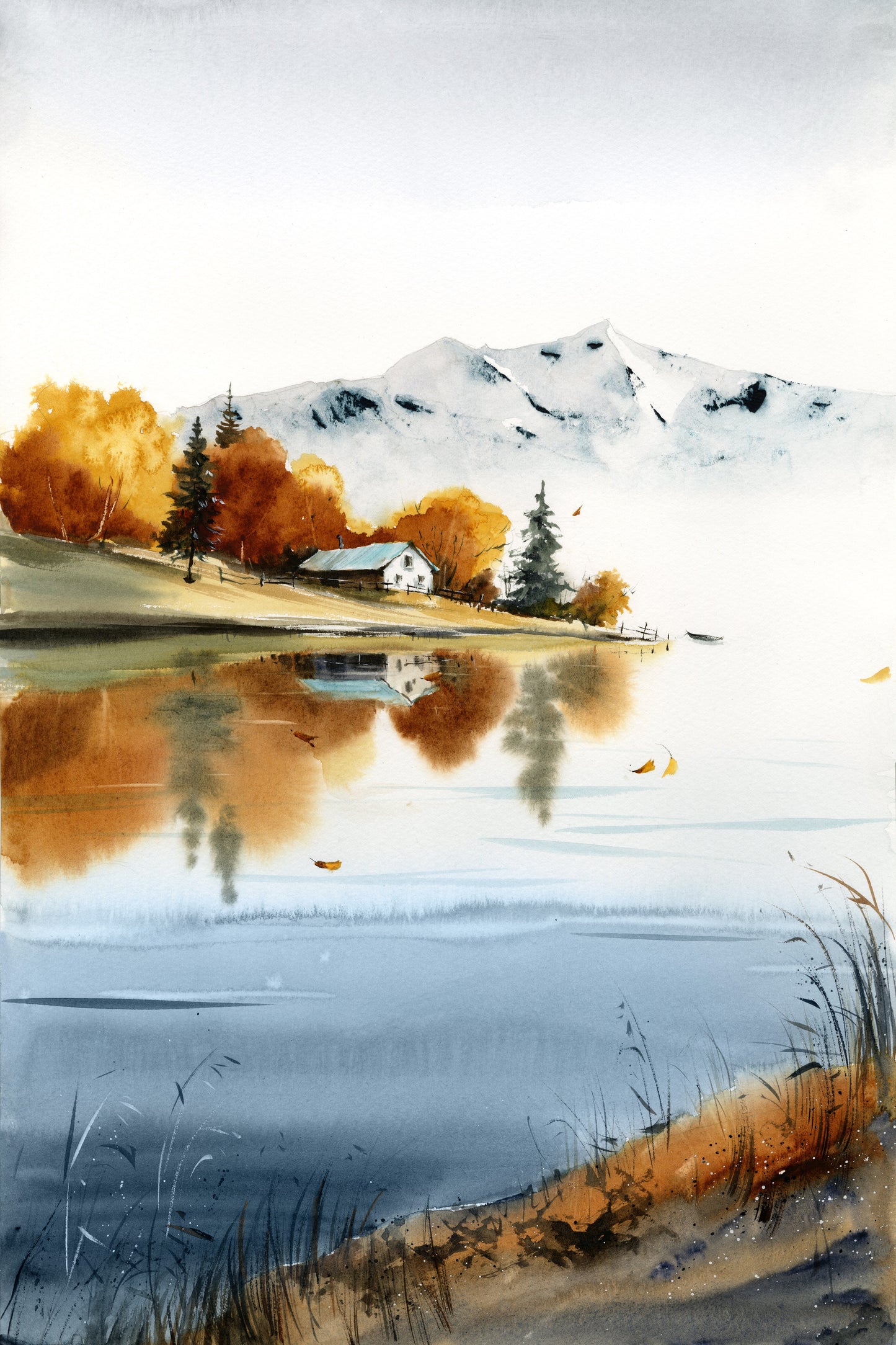 Mountain Lake House: Autumn Forest Watercolor Print