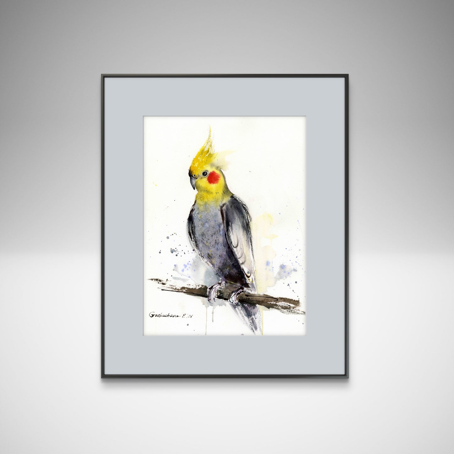 Parrot Watercolor Original Painting, Tropical Bird Art, Cockatiel Lover Gift Artwork,  Parrot on a branch  12x16