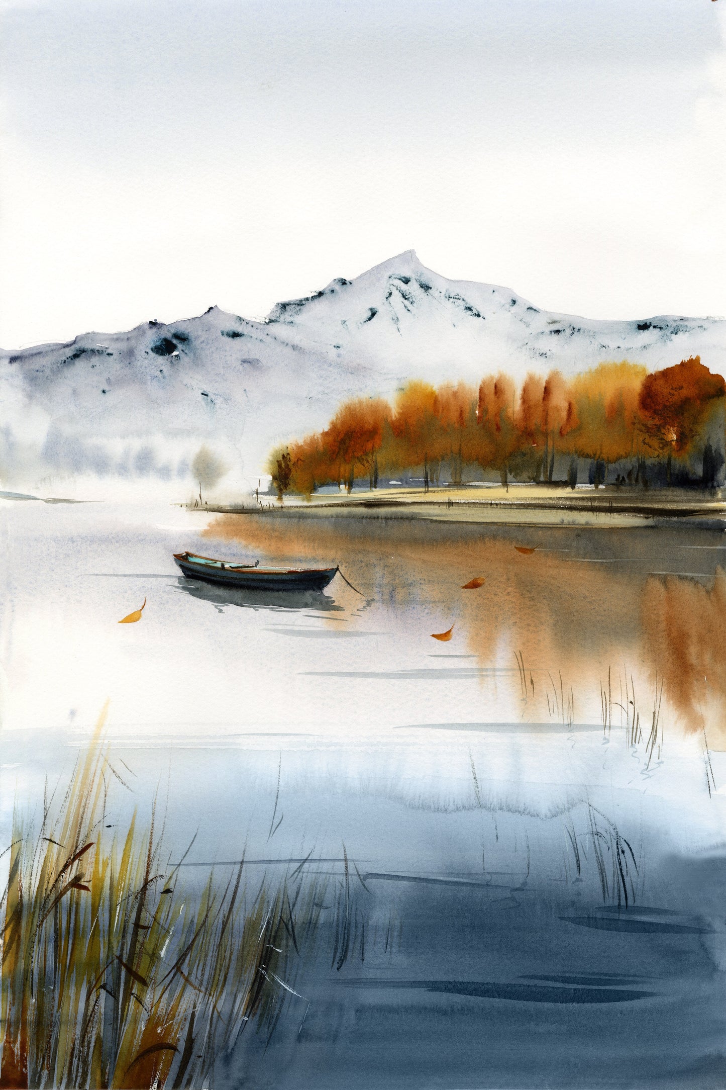 Autumn Rowboat Art - Mountain Lake Watercolor Print, Fall Landscape Painting