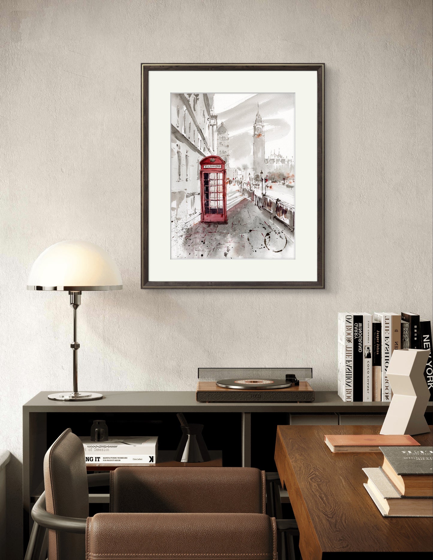 Cityscape Art Print Inspired by London's Sights: Big Ben and Red Telephone Box