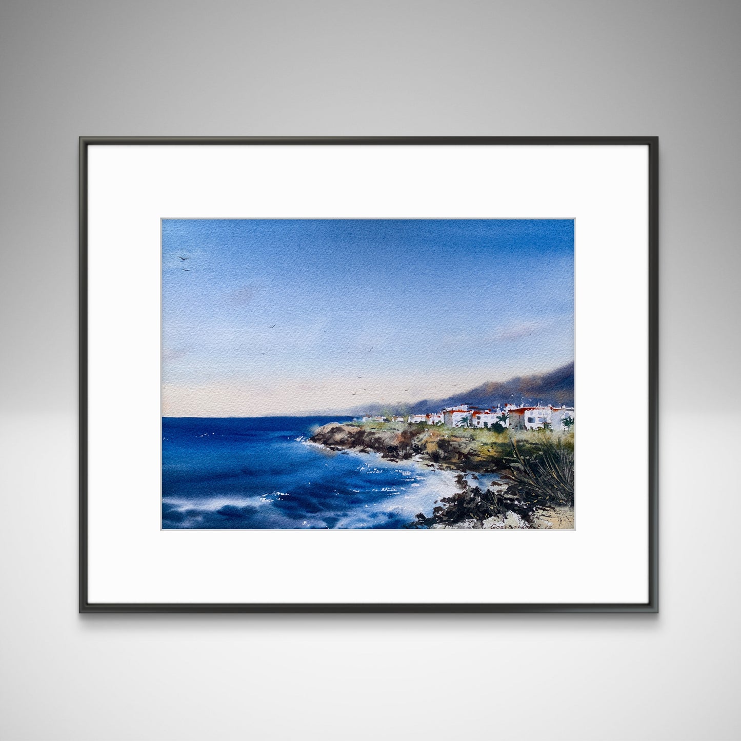 Cyprus Coast Watercolor Painting, Mediterranean Seascape Art, Sea coast Cyprus 9x12