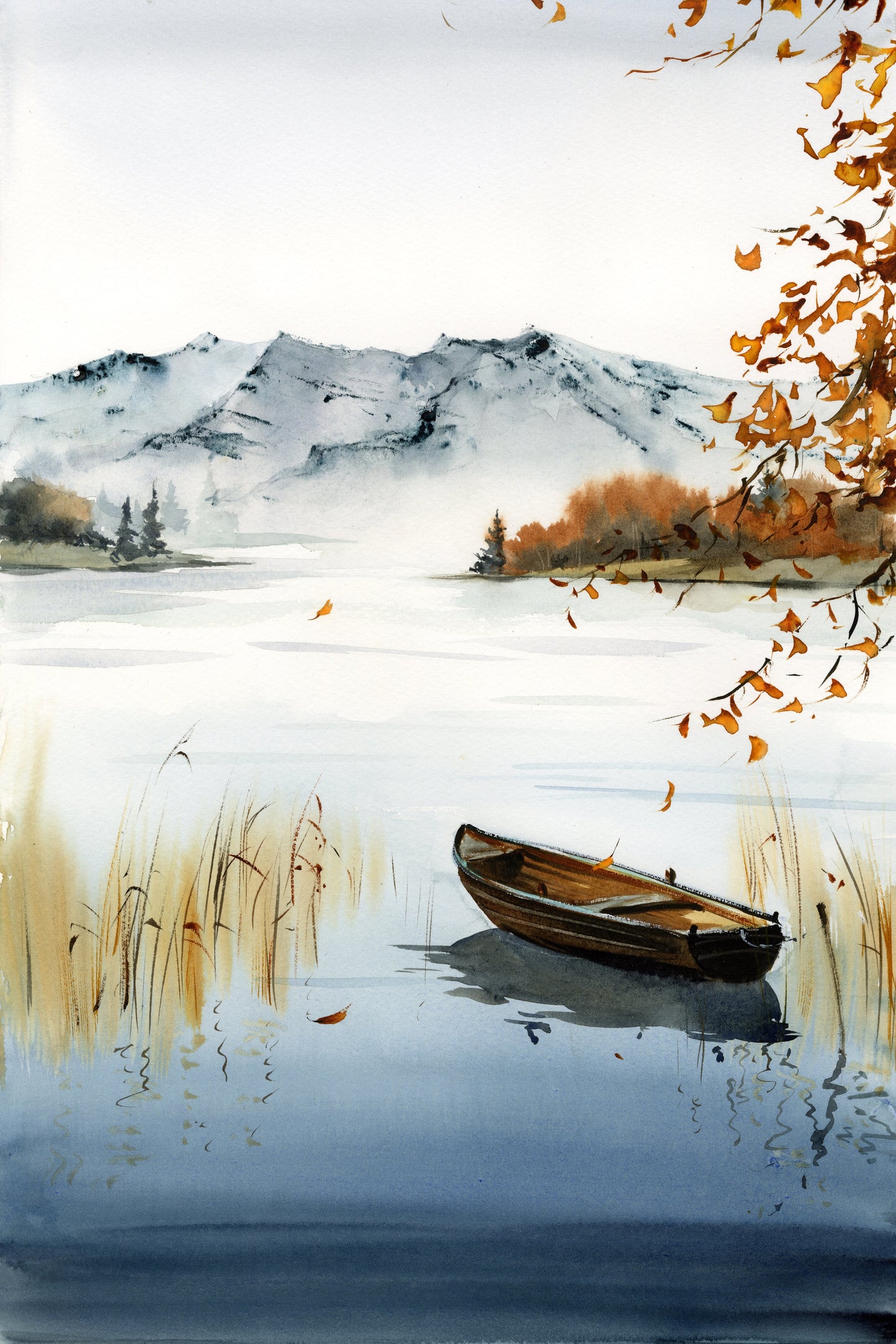 Serene Lake Rowboat Watercolor Print - Autumn Landscape Art