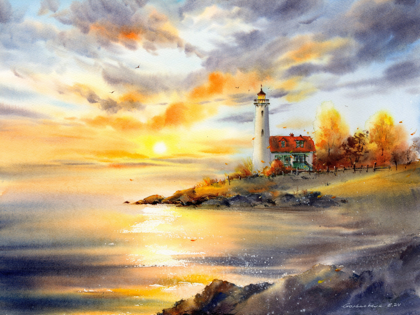 Lighthouse Art Print, Golden Foliage Watercolor Art - Autumn Landscape Print