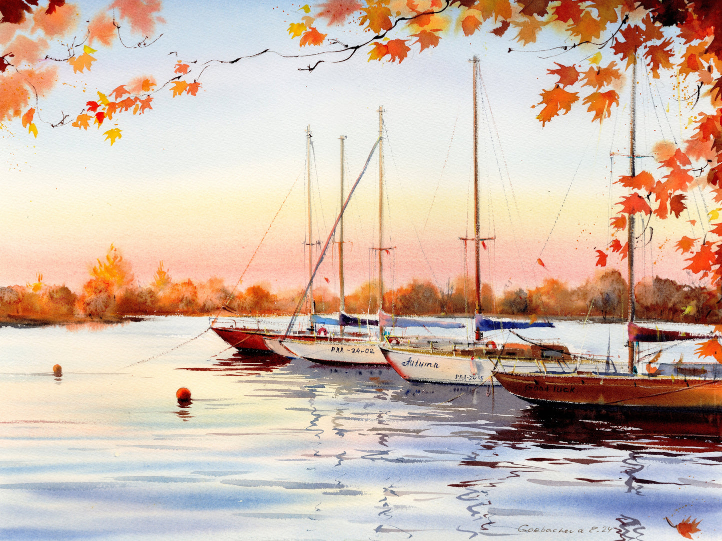 Serene Sailboat & Autumn Foliage Watercolor Print - Painterly Nautical Decor