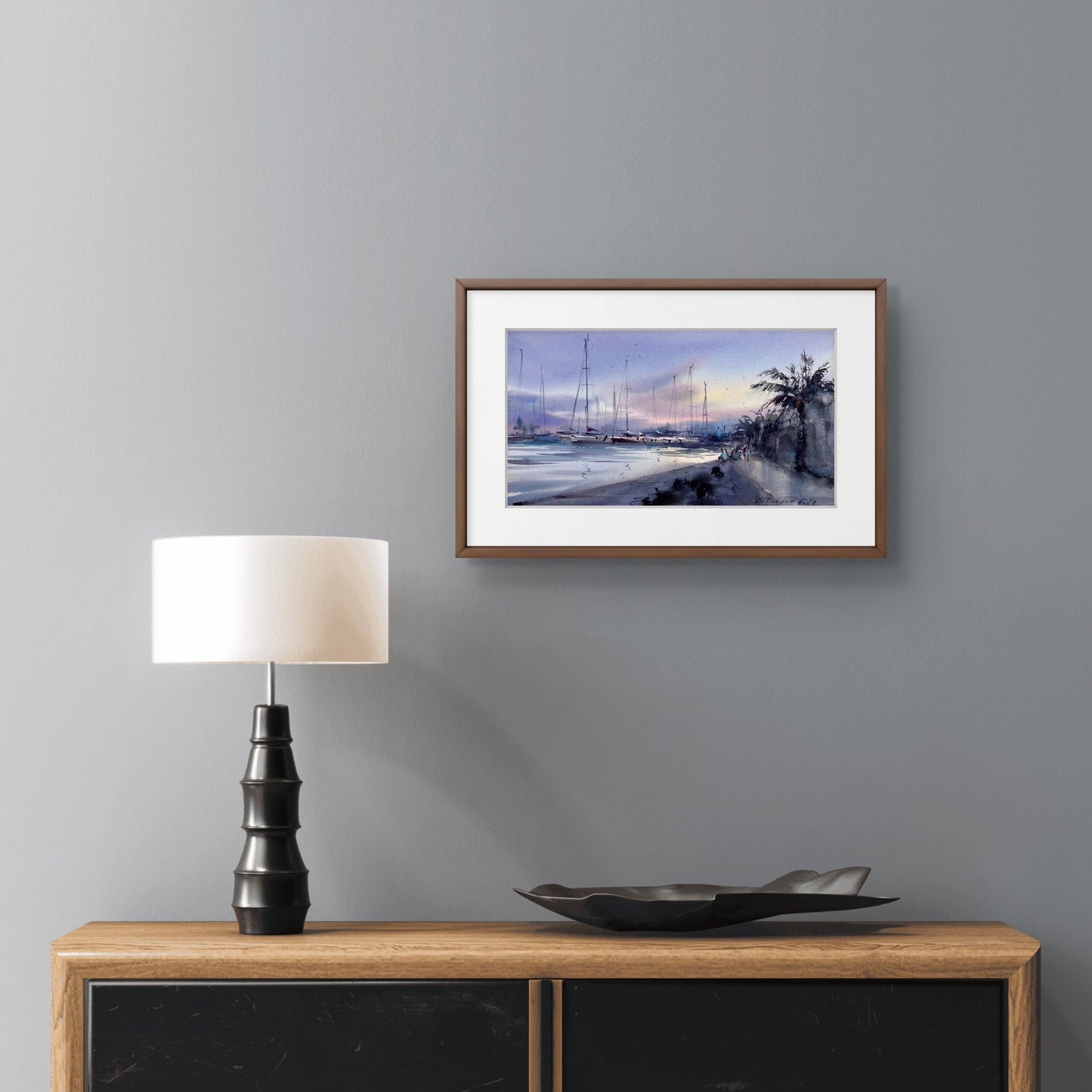 Original Valencia Marina Watercolor Painting | Spain Harbor Seascape | Valencia Twilight 8x15