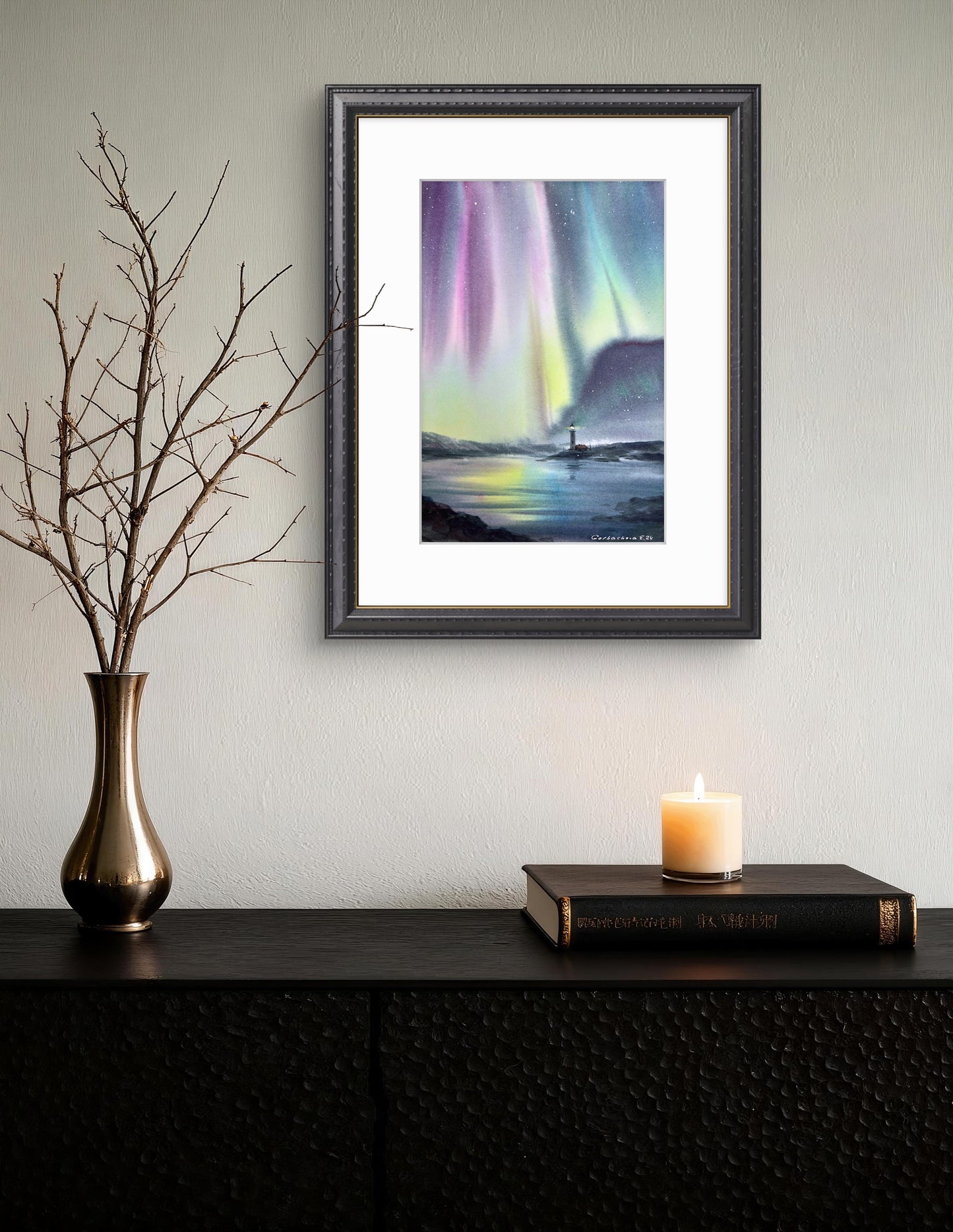 Aurora Borealis Painting Watercolor Original - Lighthouse at night