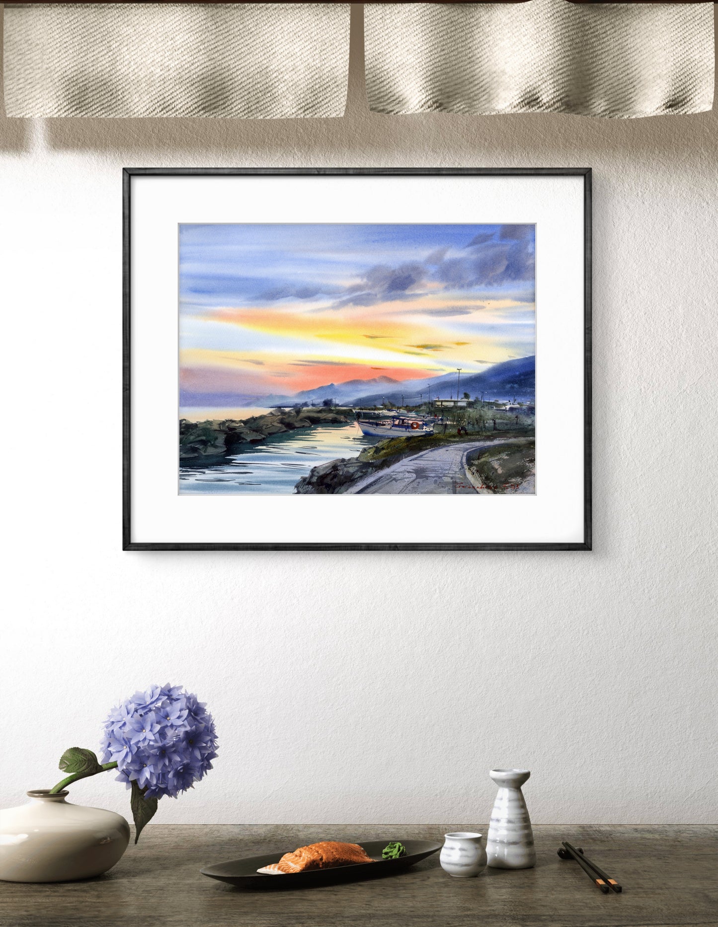 Seascape Watercolor Painting, Golden Hour in Cyprus #2 12x16