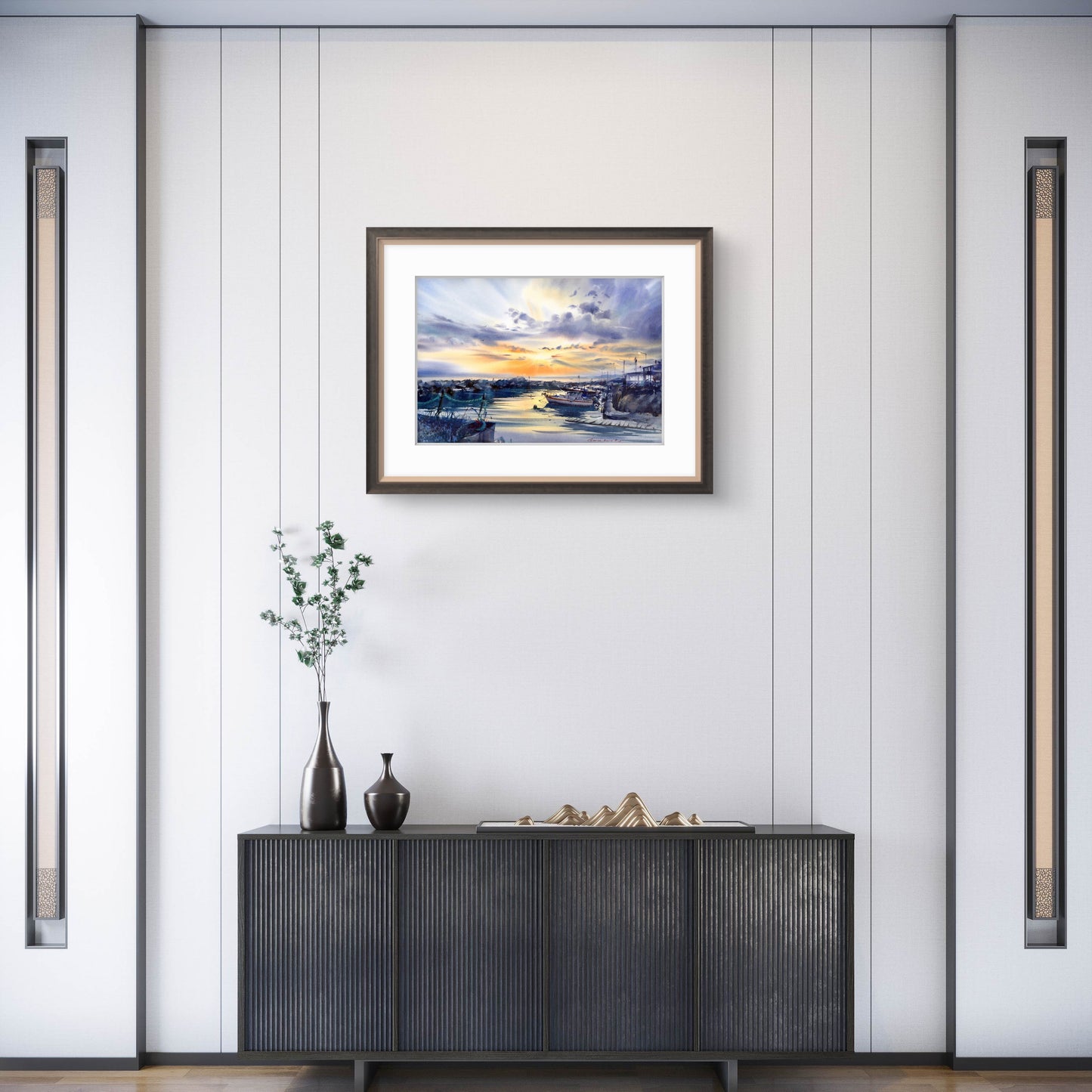 Cyprus Harbor Sunset Watercolor Painting, Harbor of Silent Dreams 15x22 in