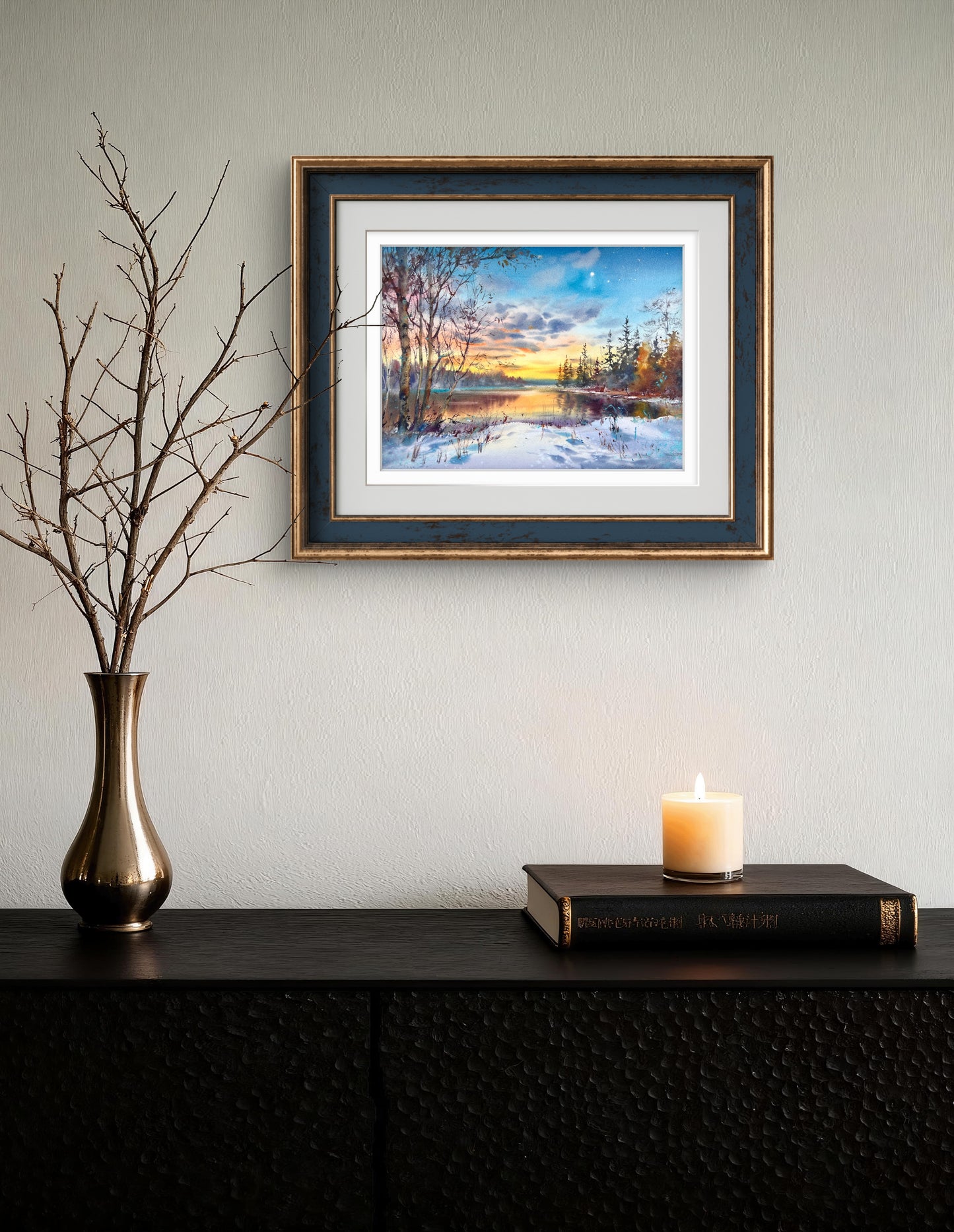 Winter Sunset Lake Watercolor Painting, First Star of Winter 31x41