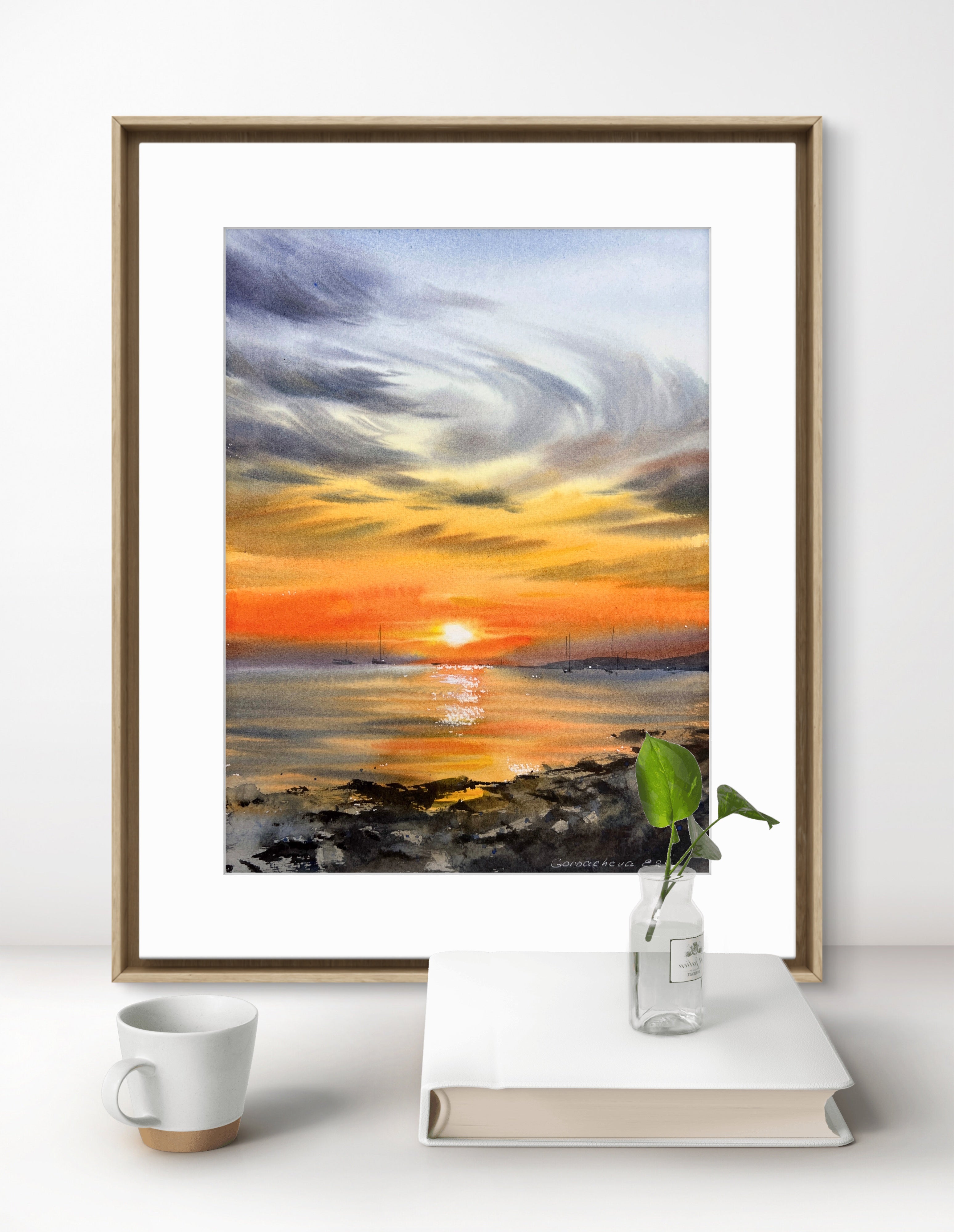 Seaside Sunset Watercolor Art | Orange Sunset #27 | Nautical