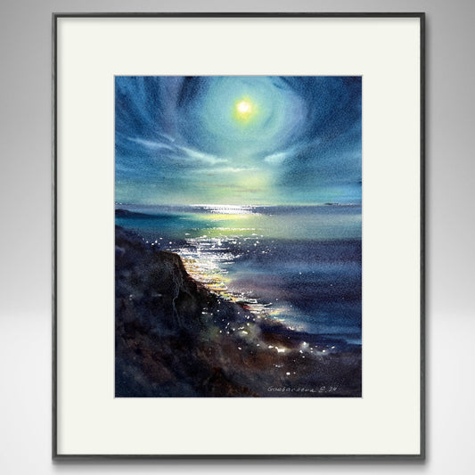 Moonlit Seascape Watercolor Art - In the Moonlight #12 Painting