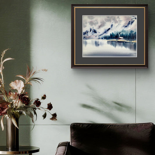 Winter Landscape Watercolor Painting, Lake house #2 12x16