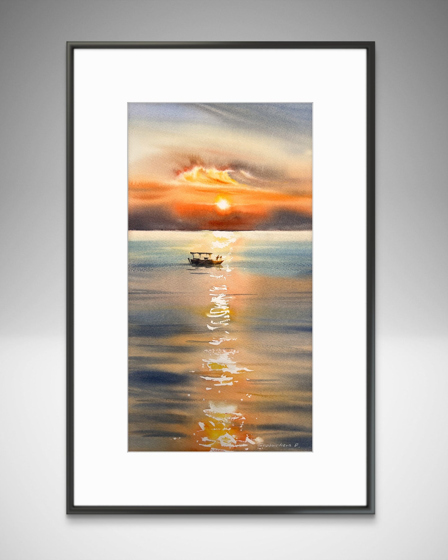 Orange Sunset Painting Original, Watercolor Fishing Boat Artwork - Golden cloud #2